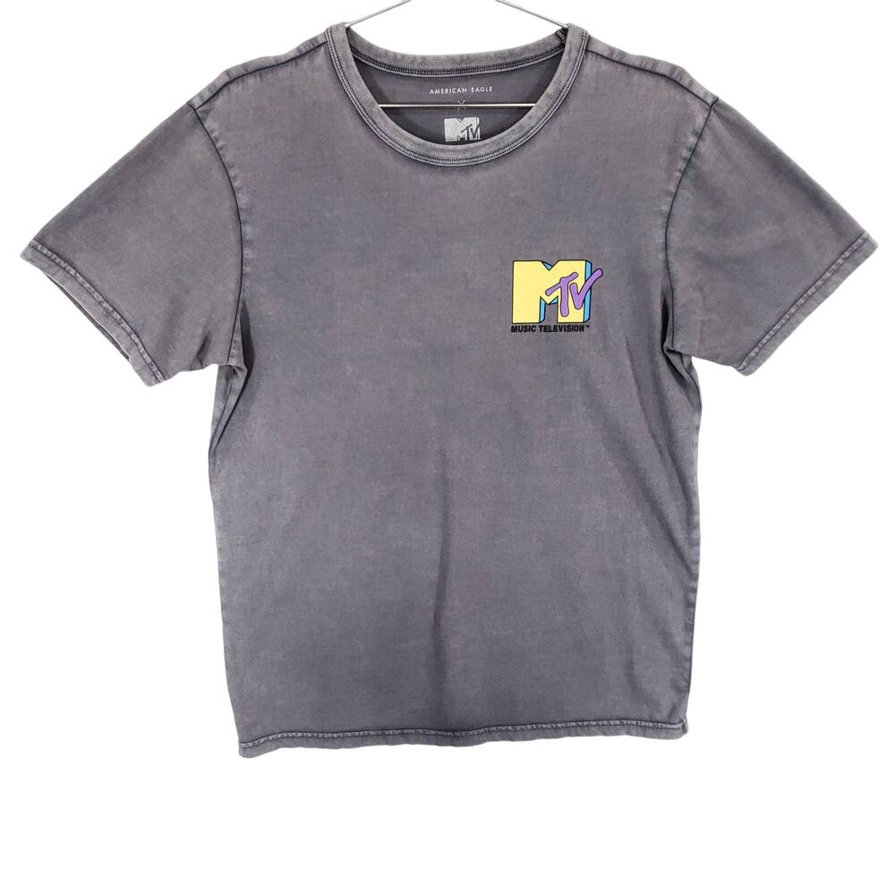 American Eagle MTV T Shirt Mens Small Gray Retro Wash Graphic Crew Neck Tee